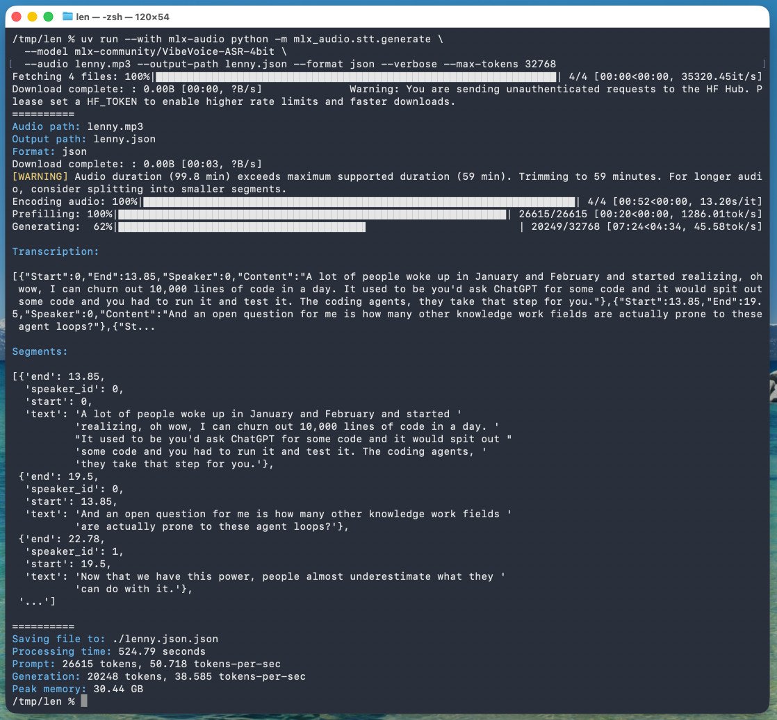 VibeVoice local AI speech-to-text transcription in macOS terminal — 99.8-minute audio input processed in 524.79 seconds, showing token generation rate and speaker diarization output on Apple Silicon