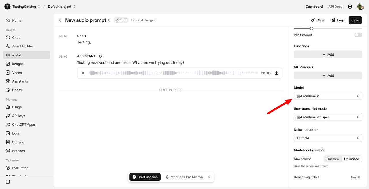 OpenAI Realtime API Playground showing GPT-Realtime-2 voice AI session setup with reasoning level controls and voice configuration options