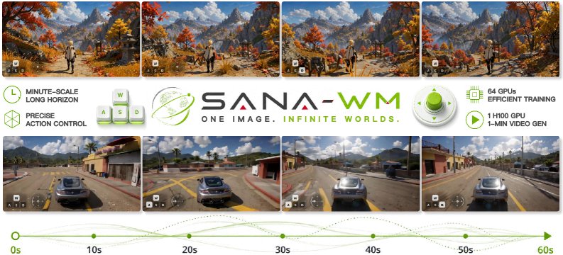 NVIDIA SANA-WM architecture overview: hybrid linear attention blocks and dual-branch camera control pipeline enabling single-GPU AI video generation